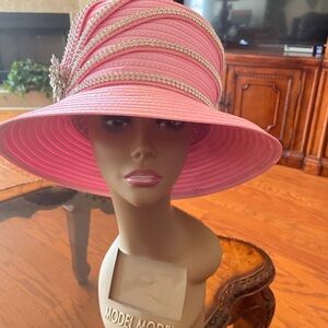 Elegant Pink Wide-Brim Hat with Rhinestone Trim and Brooch Accent